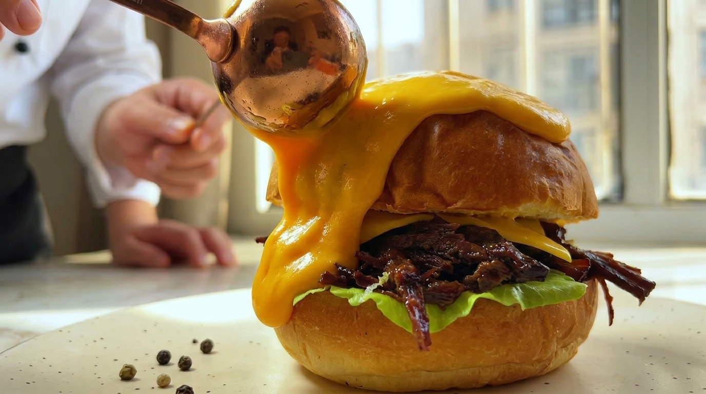 Hamburguesa de Pulled Beef con Cascada de Queso