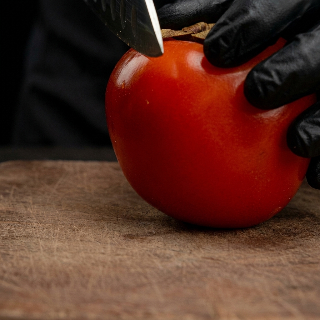 Una mano con guante usando un cuchillo afilado para cortar un tomate rojo brillante en rodajas gruesas sobre una tabla de madera.