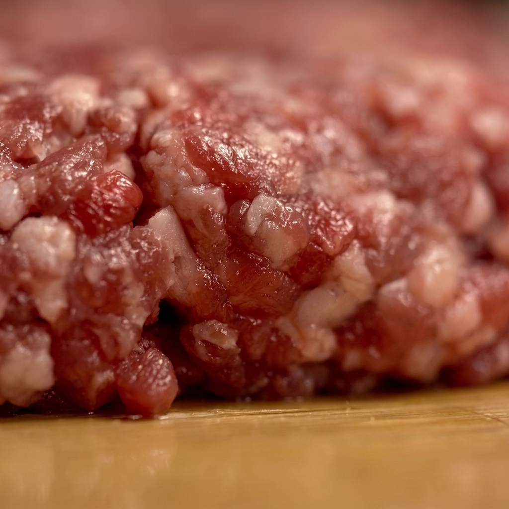 Primer plano de carne picada cruda a la que se le da forma redonda y gruesa sobre una superficie de madera.