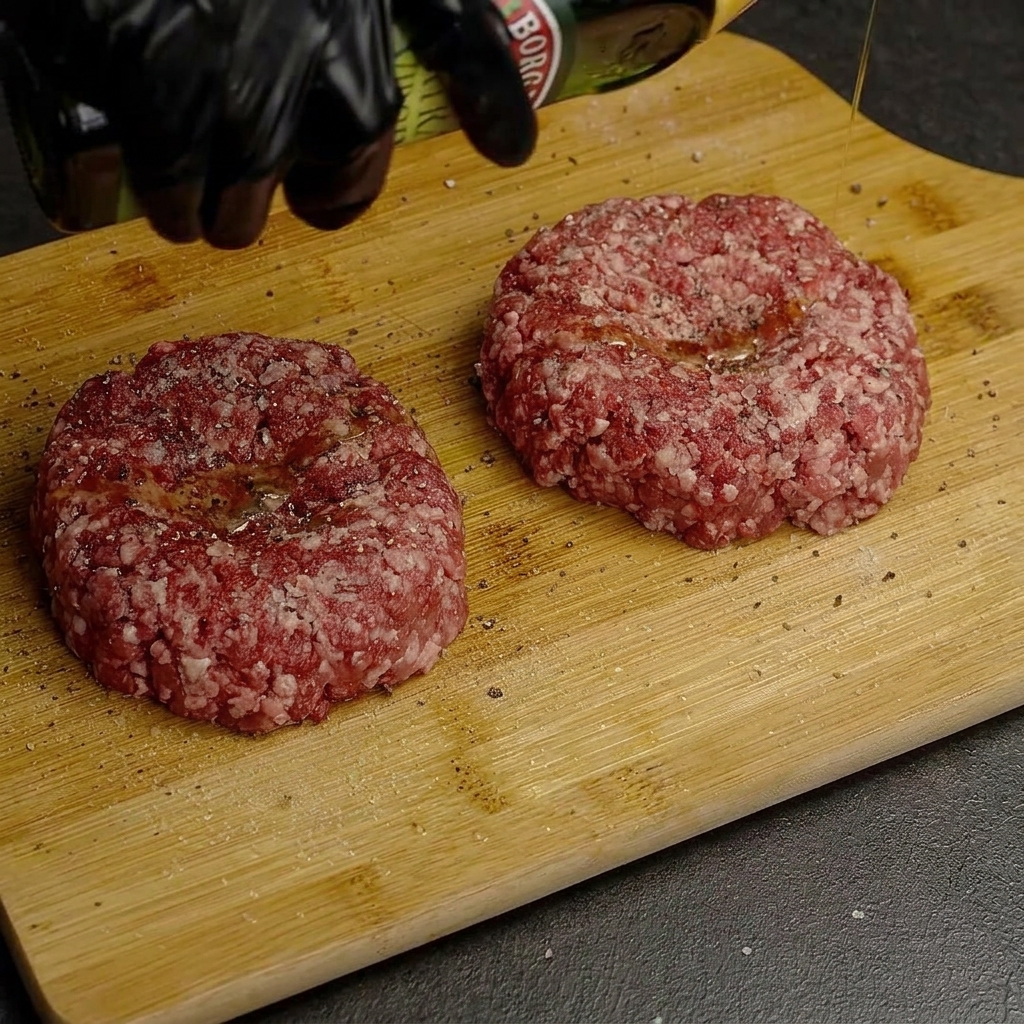 Carne de hamburguesa cruda sobre una tabla de madera siendo aderezada con sal, pimienta y aceite de oliva.