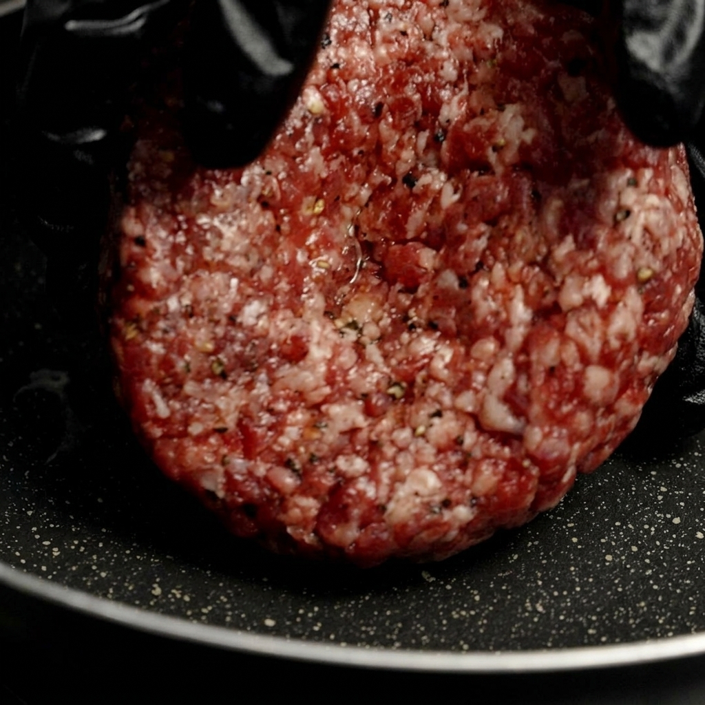 Una mano con guante colocando con cuidado una gruesa hamburguesa cruda bien condimentada en una sartén caliente y oscura.