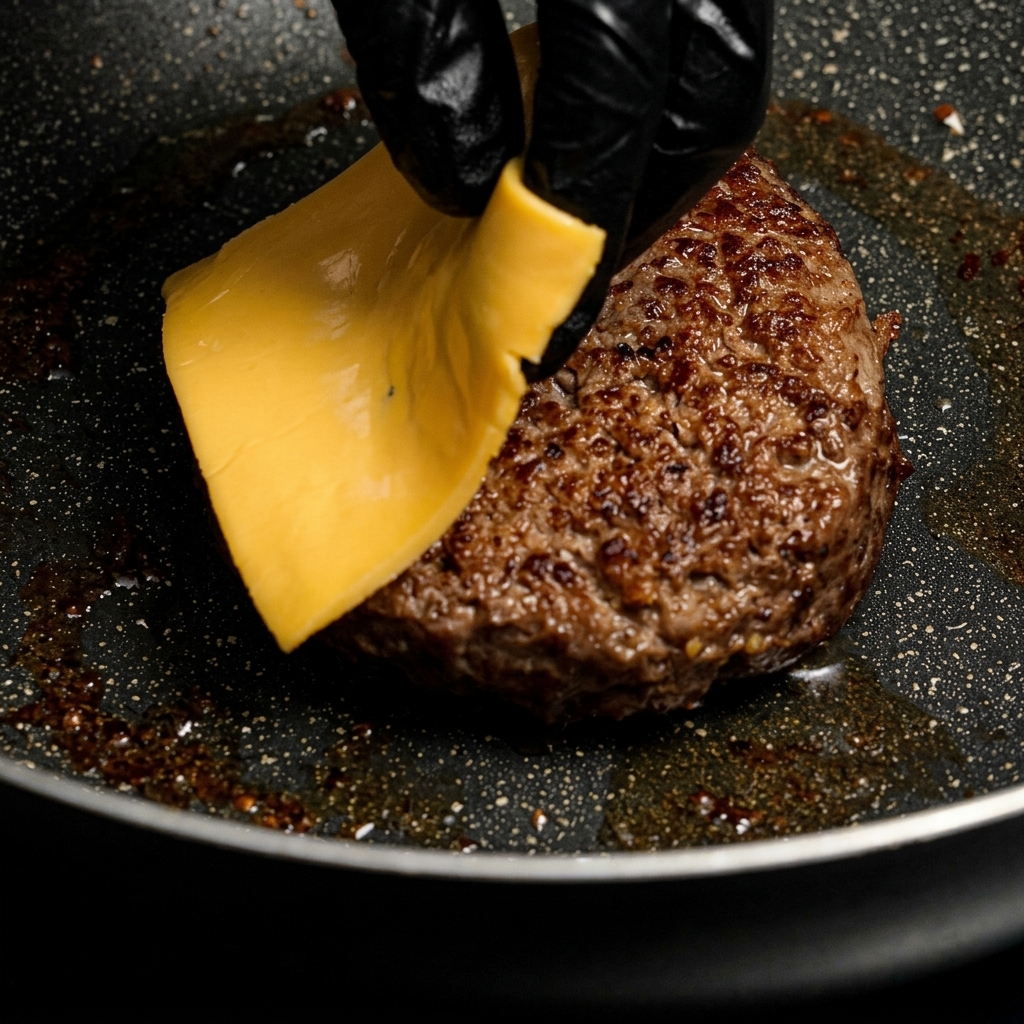 Una hamburguesa hecha y dorada en una sartén con una loncha de queso amarillo colocada encima.