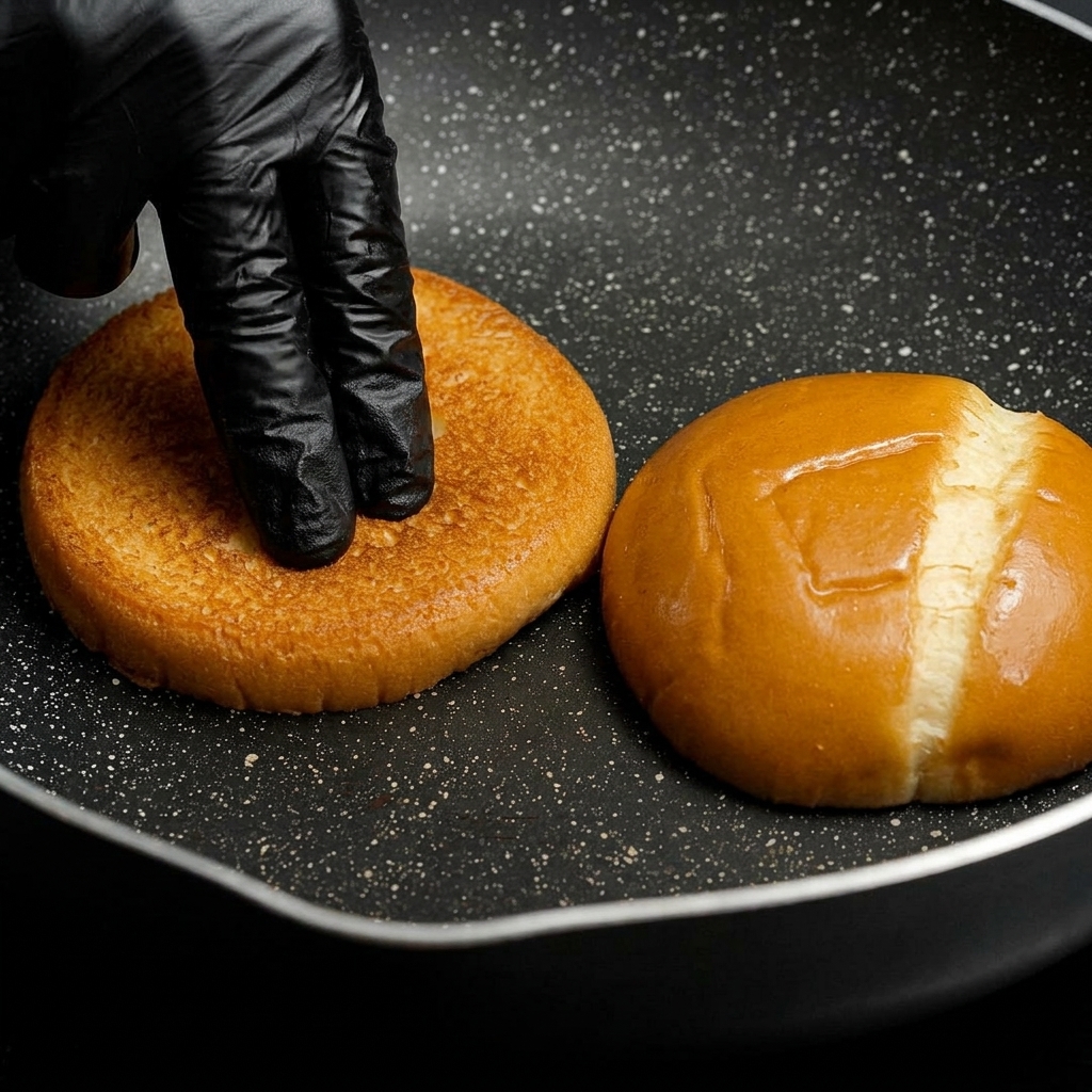 Dos mitades de pan de hamburguesa tostándose boca abajo en una sartén caliente.