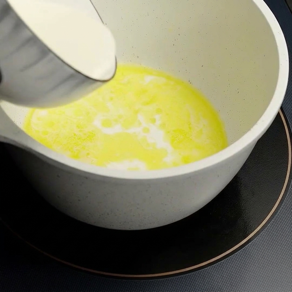 Un cazo blanco pequeño en el fuego con mantequilla derretida, en el que se vierte leche y nata.