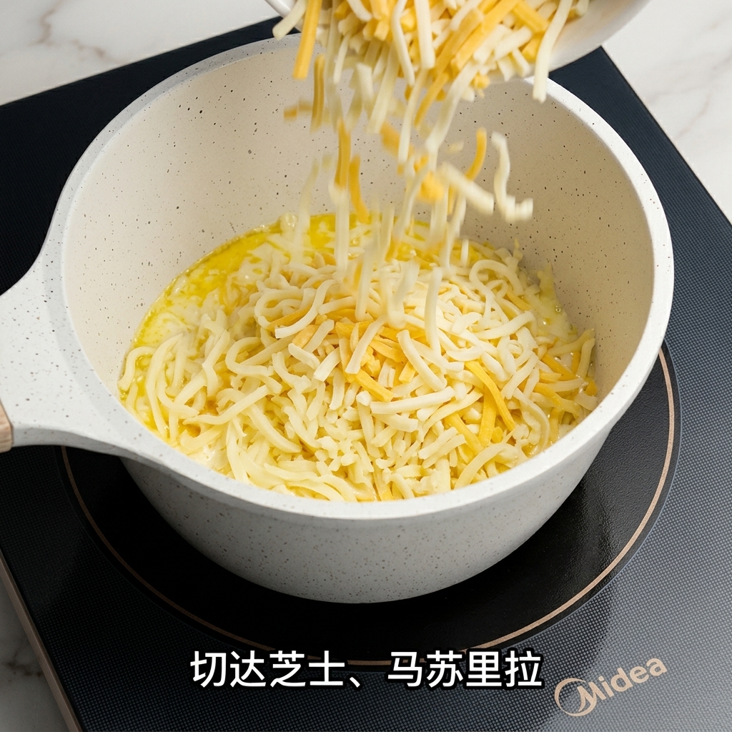Queso mozzarella y cheddar rallados añadiéndose a un cazo que contiene una base de crema caliente.