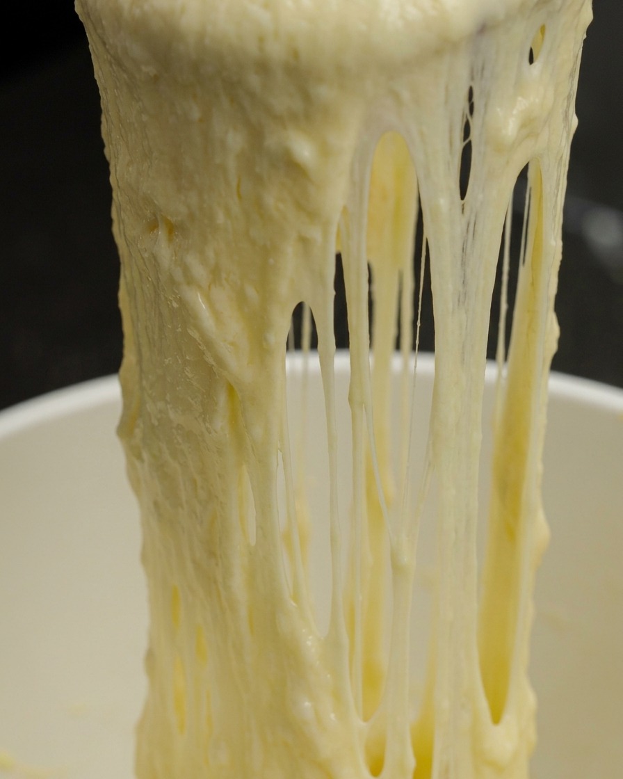 Primer plano de una salsa de queso suave y elástica siendo levantada con una espátula de un cazo.