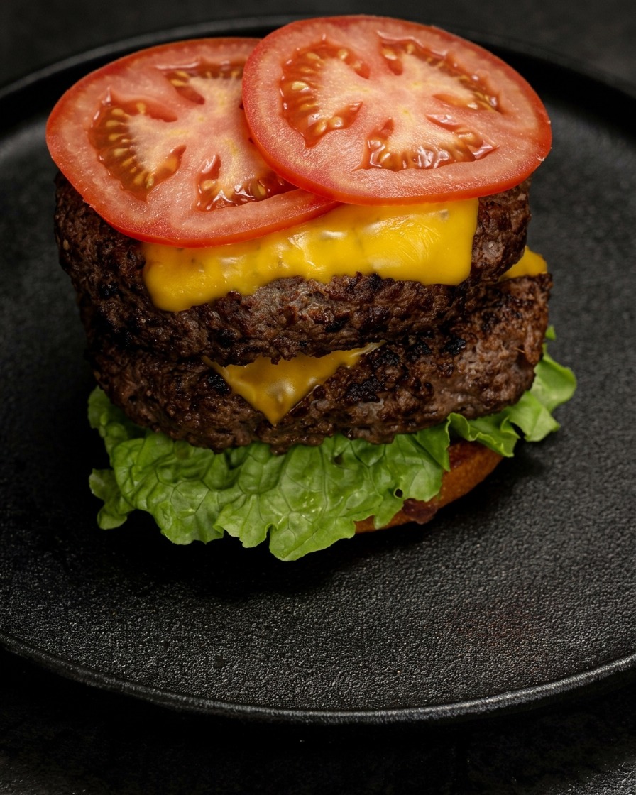 Montaje final de la hamburguesa, mostrando dos discos de carne con queso fundido, lechuga y rodajas de tomate.