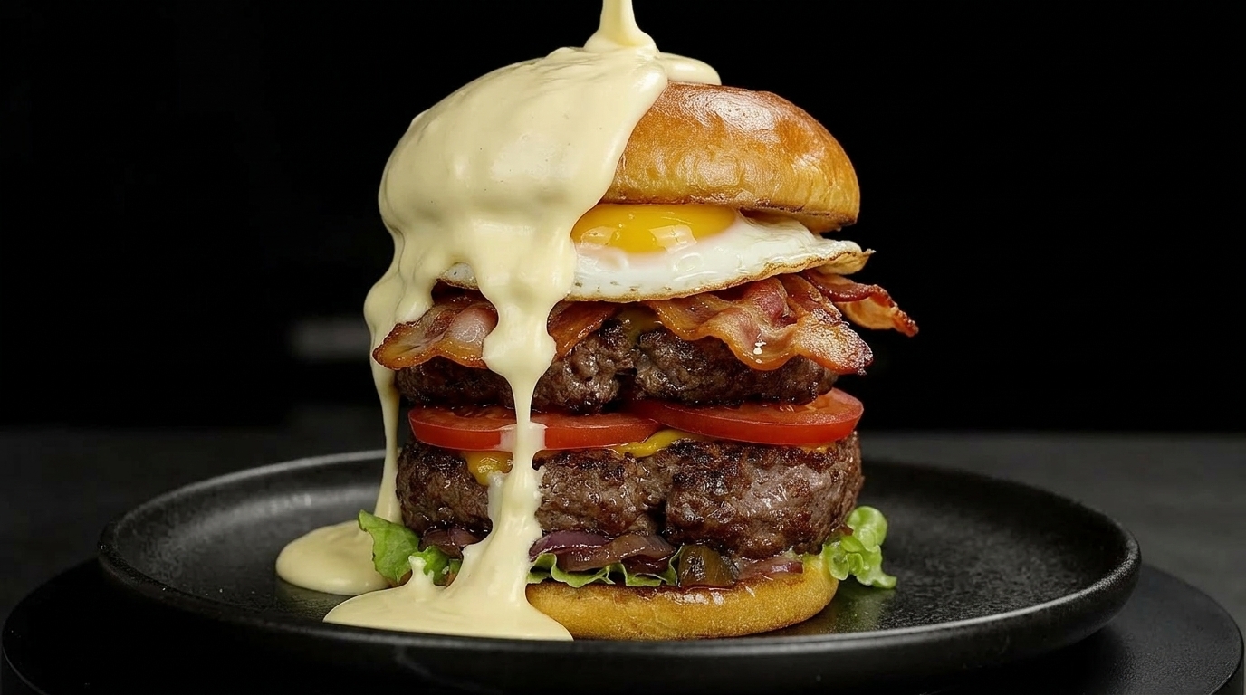 Una enorme hamburguesa doble cubierta por completo con una salsa de queso blanca, espesa, brillante y fundida.