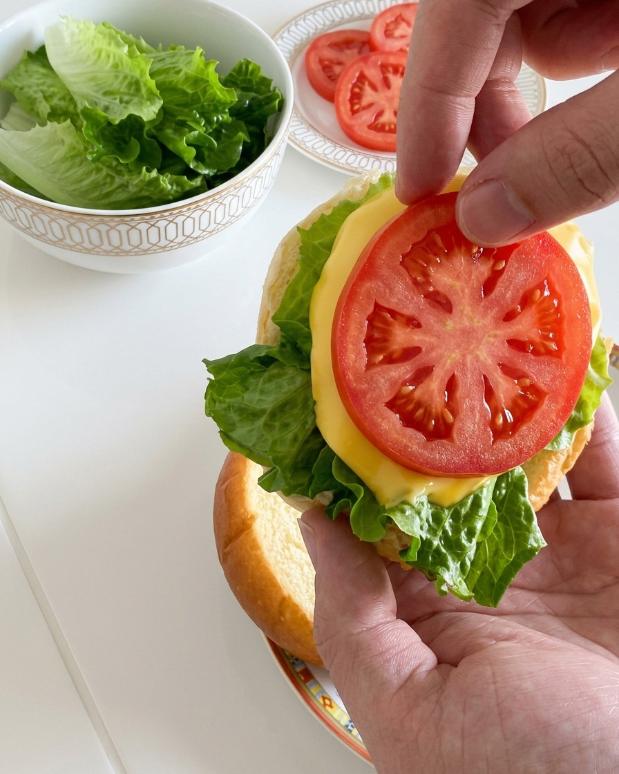 Una mano colocando una brillante rodaja de tomate rojo sobre la capa de queso fundido de la hamburguesa.