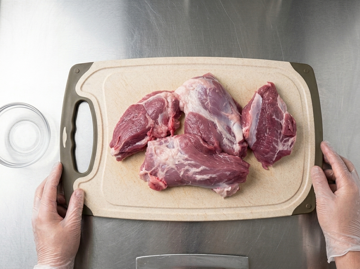 Manos usando un cuchillo de chef para cortar un trozo grande de carne de cerdo cruda en trozos pequeños sobre una tabla de cortar.