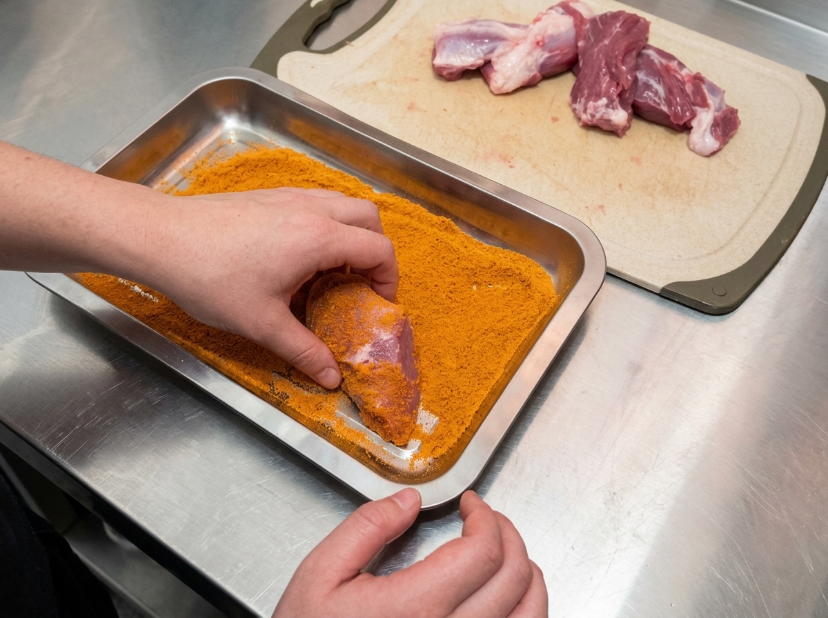 Una mano presionando un trozo de carne de cerdo cruda en una bandeja de metal llena de condimento cajún naranja brillante para cubrirlo.