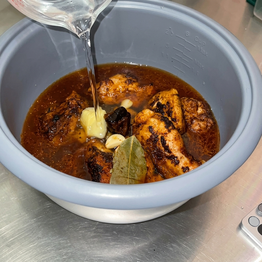 Agua clara siendo vertida desde una taza medidora en una olla arrocera llena de cerdo dorado, aromáticos y una salsa de braseado oscura.