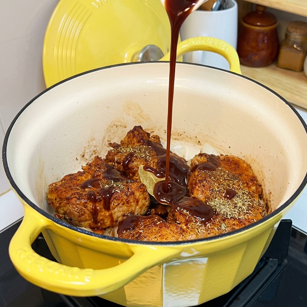 Salsa barbacoa oscura siendo vertida desde una botella en una olla amarilla sobre el cerdo sellado y las cebollas.