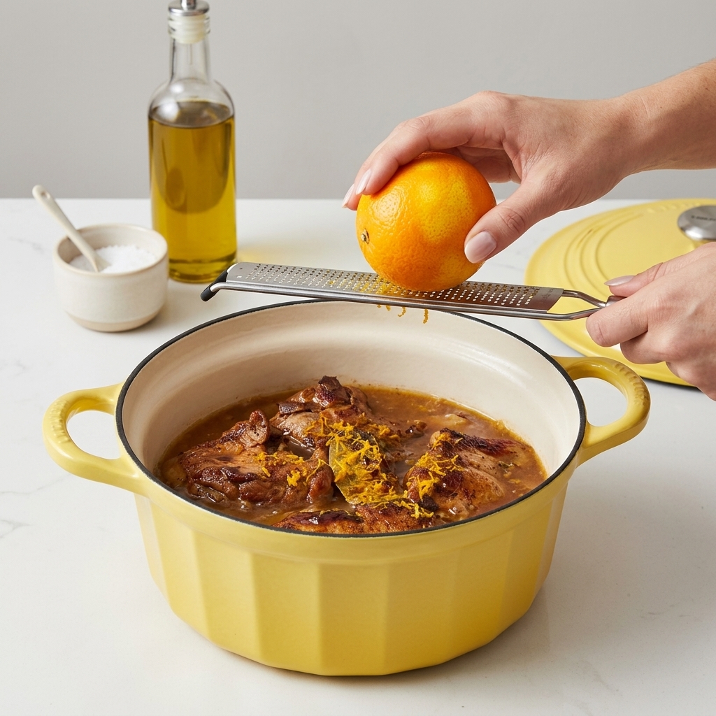 Una persona usando un rallador fino para añadir ralladura de naranja fresca sobre una olla de cerdo cocinándose.