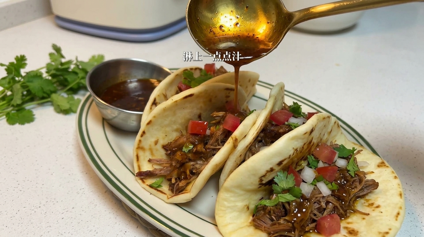 Tres tacos de cerdo deshebrado servidos en un plato, decorados con tomate picado, cilantro y cebolla, acompañados de una pequeña salsa a un lado.