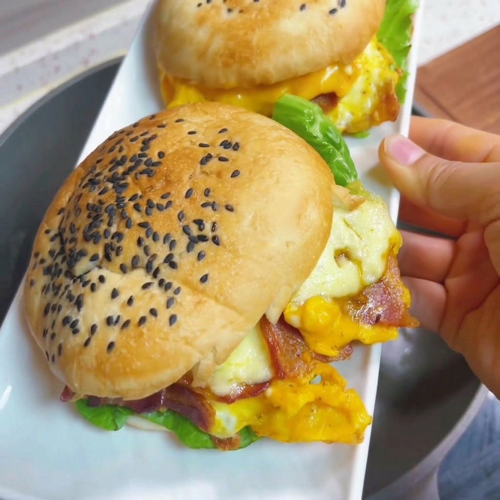 Huevos batidos vertiéndose en una sartén con tiras de tocino crujiente.