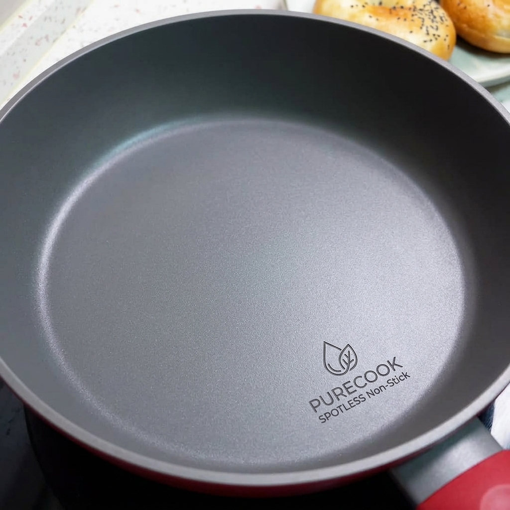 Rebanadas de tocino friéndose en una sartén antiadherente PURECOOK.