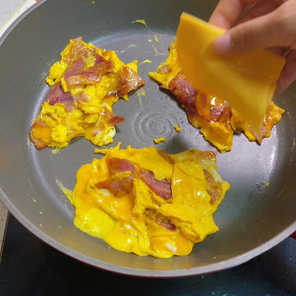 Huevos revueltos y tocino cubiertos con rebanadas de queso derritiéndose en una sartén.