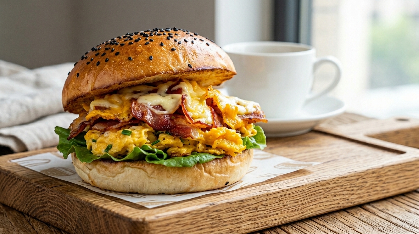 Hamburguesa de Desayuno Rápida con Tocino y Huevos Revueltos