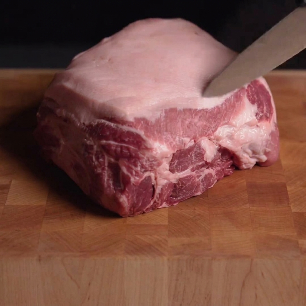 Un cuchillo afilado marcando la capa de grasa de una pieza de cerdo cruda sobre una tabla de madera.