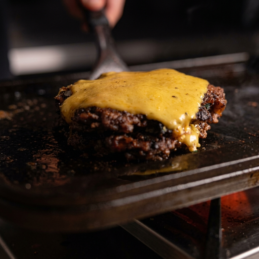 Una loncha de queso fundiéndose sobre la carne crujiente en la plancha caliente.