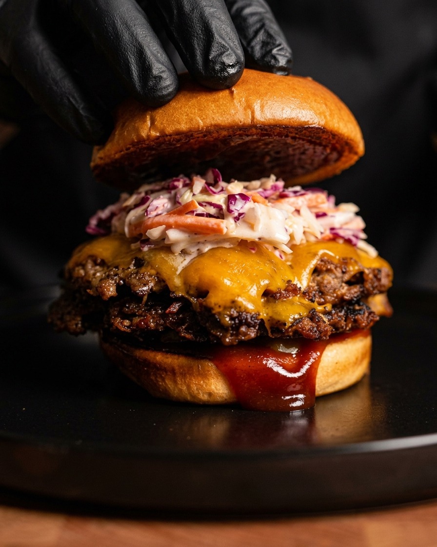 Una mano colocando el pan superior sobre una hamburguesa cargada de carne, queso y ensalada.