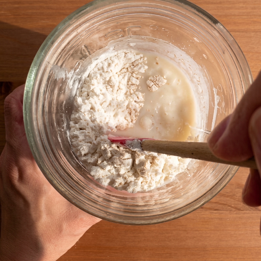 Primer plano de una masa madre siendo alimentada con harina en un frasco de vidrio, mostrando la textura de la mezcla.