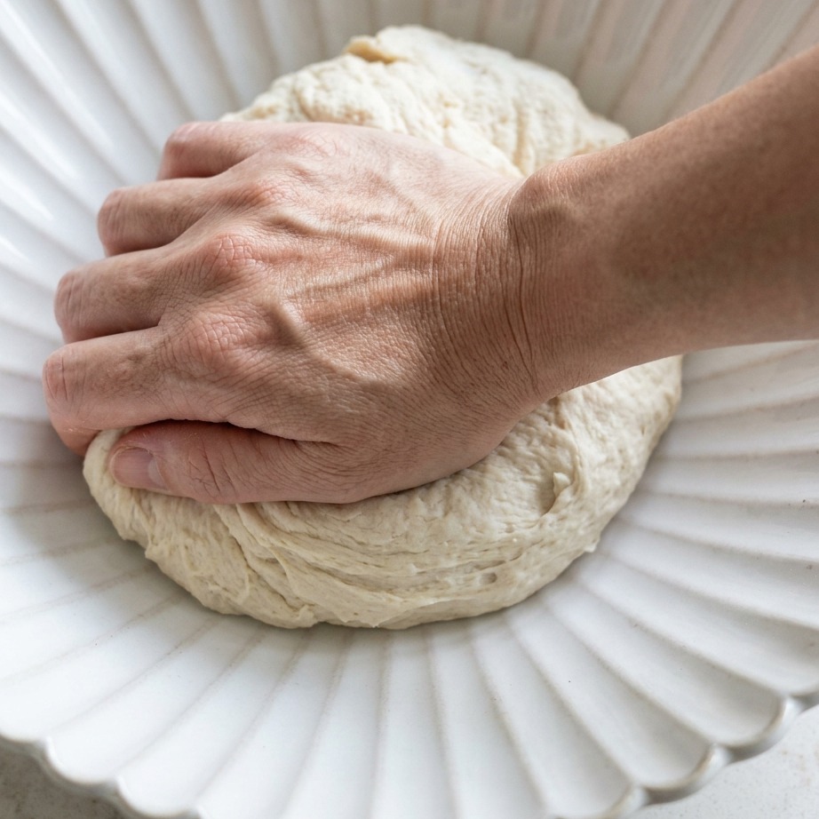 Manos amasando una bola de masa de pizza irregular dentro de un bol de cerámica blanca.