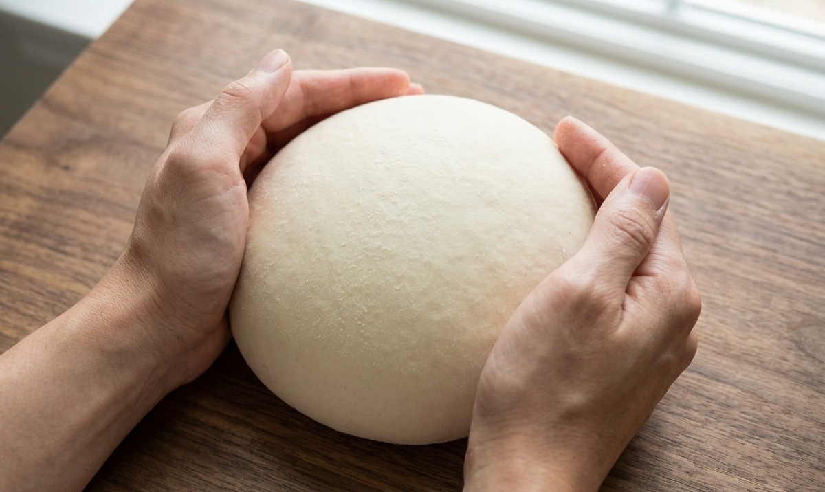 Un cortamasa dividiendo una bola grande y lisa de masa de pizza sobre una superficie de madera.