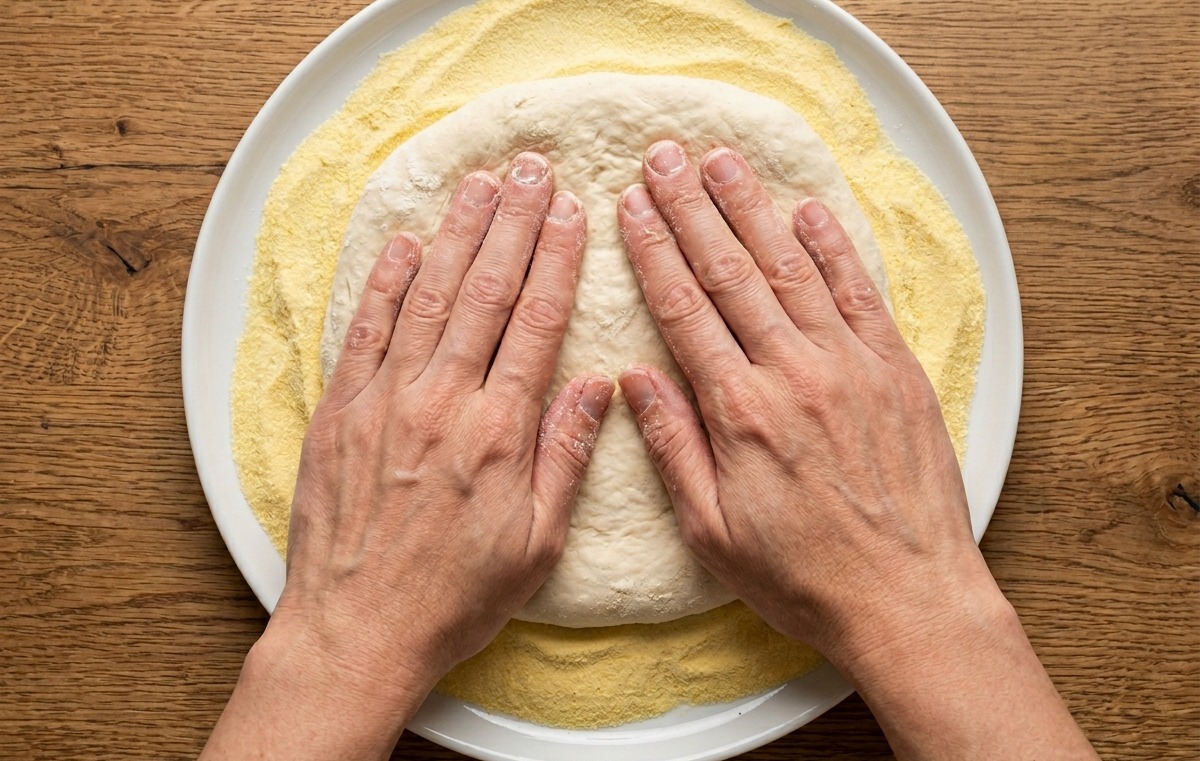 Un par de manos presionando una bola de masa sobre una base de sémola para estirarla con forma de pizza.