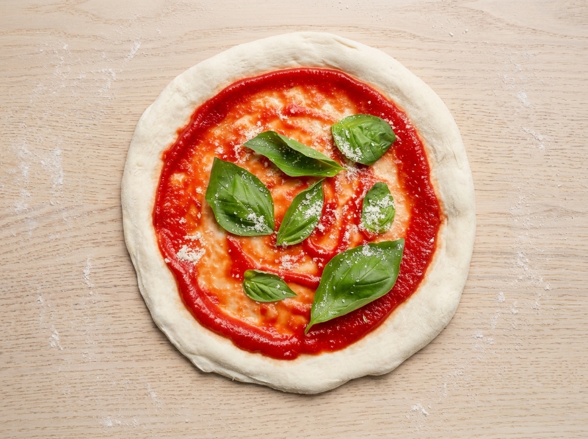 Una base de pizza cubierta con hojas verdes de albahaca y trozos blancos de mozzarella.