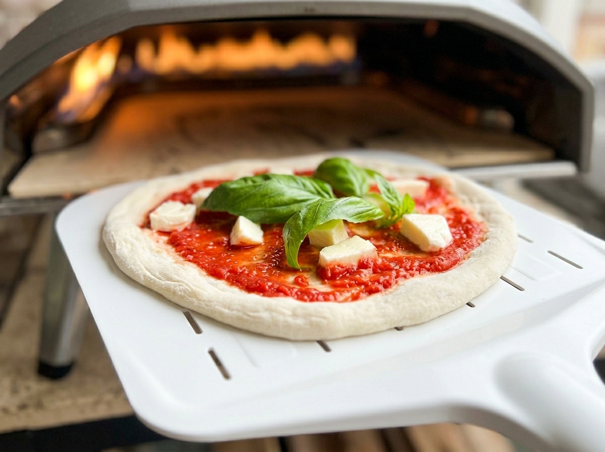 Una pizza lista deslizándose desde una pala blanca hacia el interior de un horno de leña al rojo vivo.