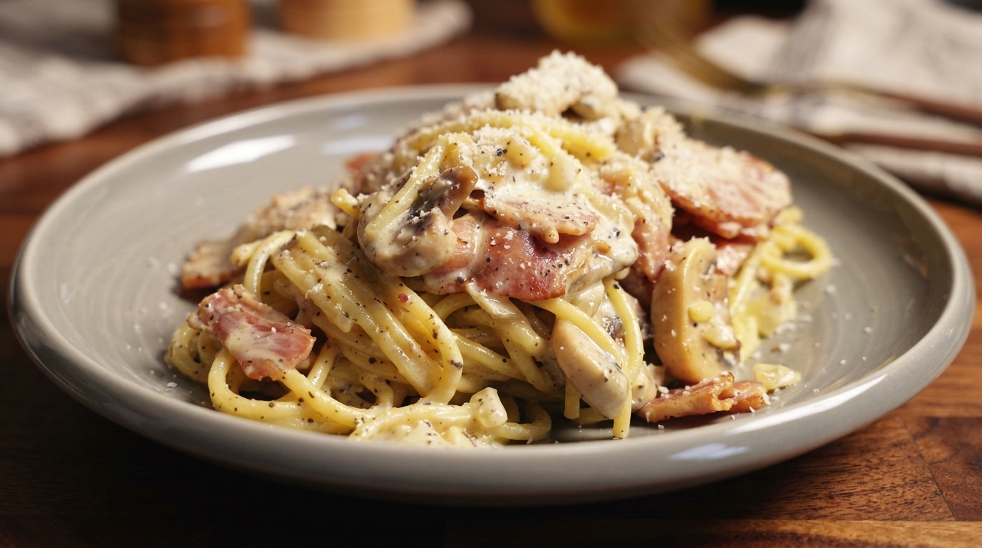 Pasta Cremosa con Trufa Negra, Bacon y Champiñones