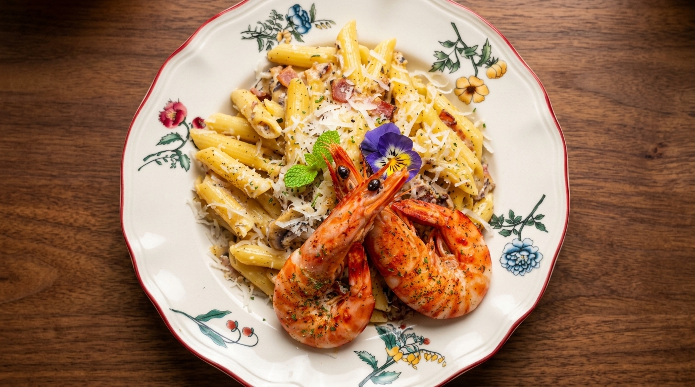 Pasta Carbonara con Tocino y Trufa Negra