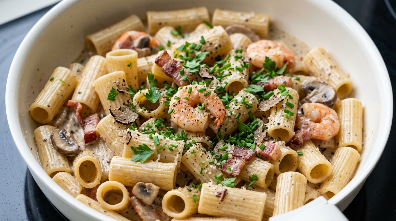 Pasta Cremosa con Trufa Negra, Tocino y Gambas