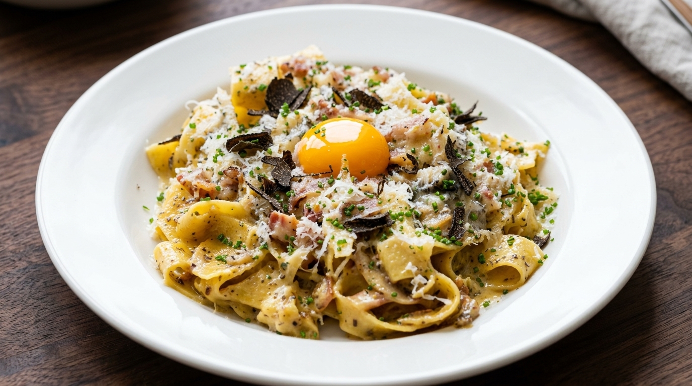 Carbonara de Lujo con Trufa Negra y Yema de Huevo