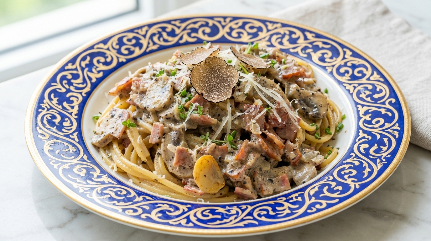 Pasta en Crema de Trufa Negra con Tocino y Champiñones