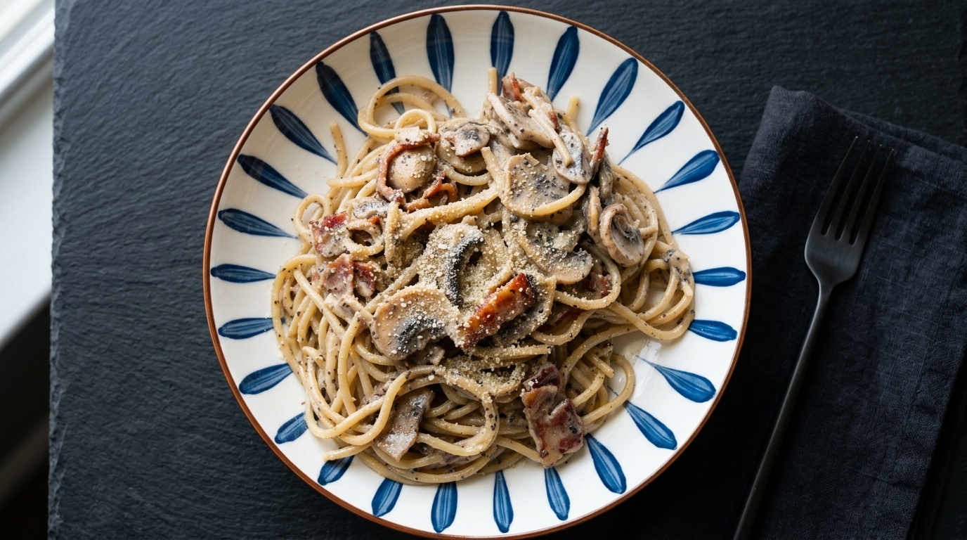 Pasta Cremosa con Tocino, Champiñones y Trufa Negra