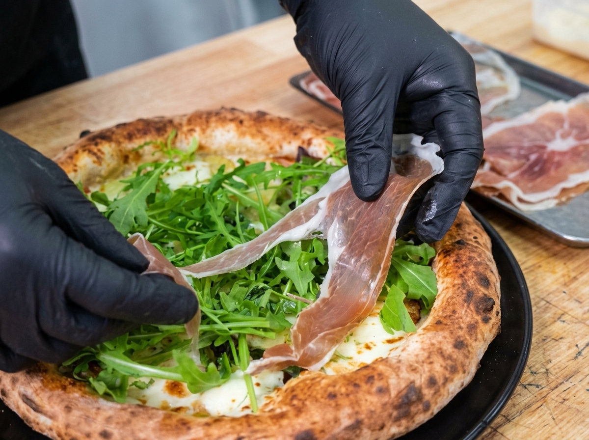Finas y delicadas lonchas de jamón prosciutto en capas sobre una cama de rúcula en una pizza.