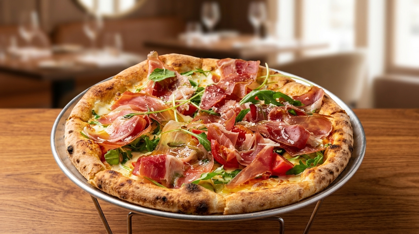 Clásica pizza italiana de jamón de Parma y rúcula