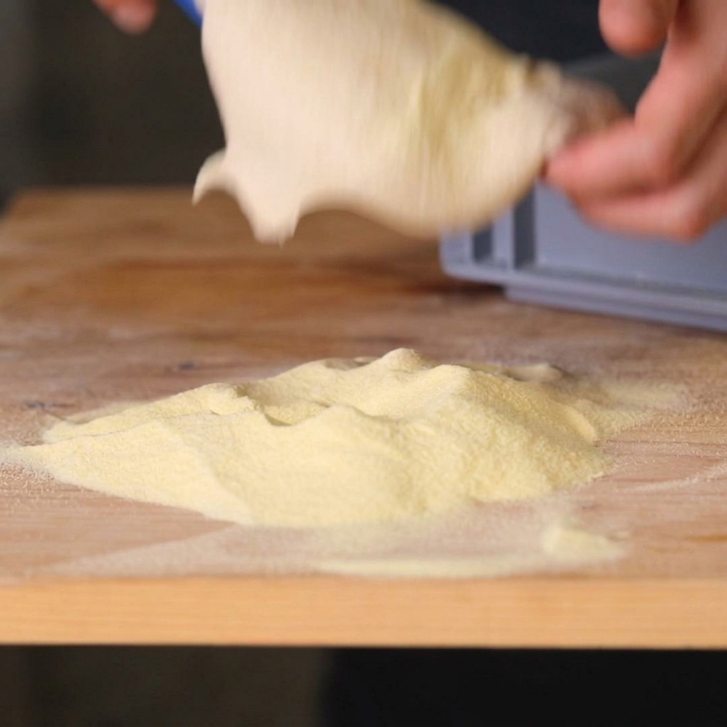Porción de masa fresca para pizza cayendo sobre una superficie de madera espolvoreada con sémola amarilla.