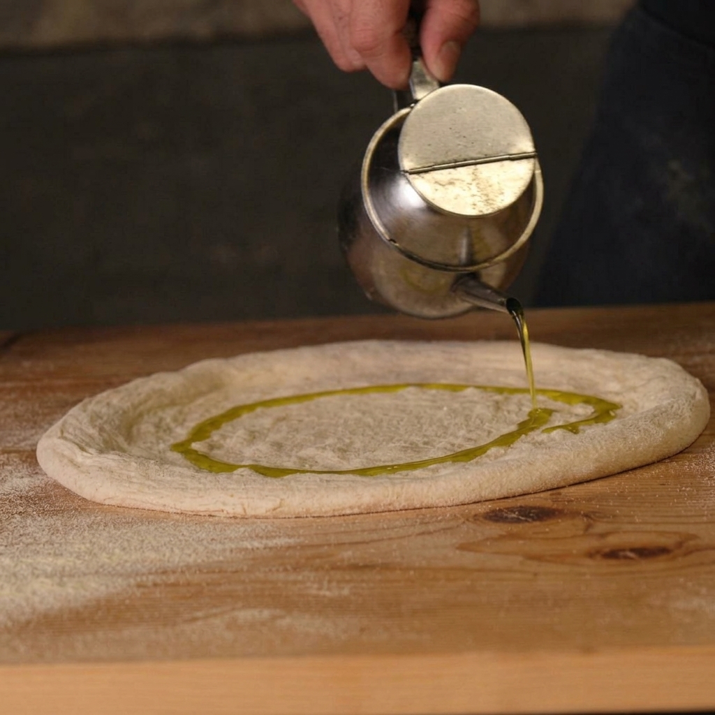 Aceite de oliva virgen extra vertiéndose desde una aceitera de metal sobre una base redonda de masa de pizza.