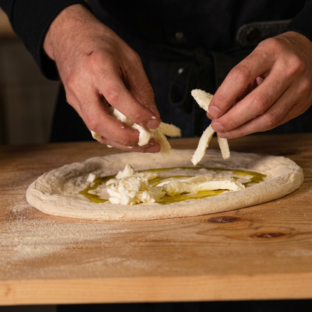 Manos troceando y colocando trozos de mozzarella de búfala fresca sobre una base de pizza con aceite de oliva.