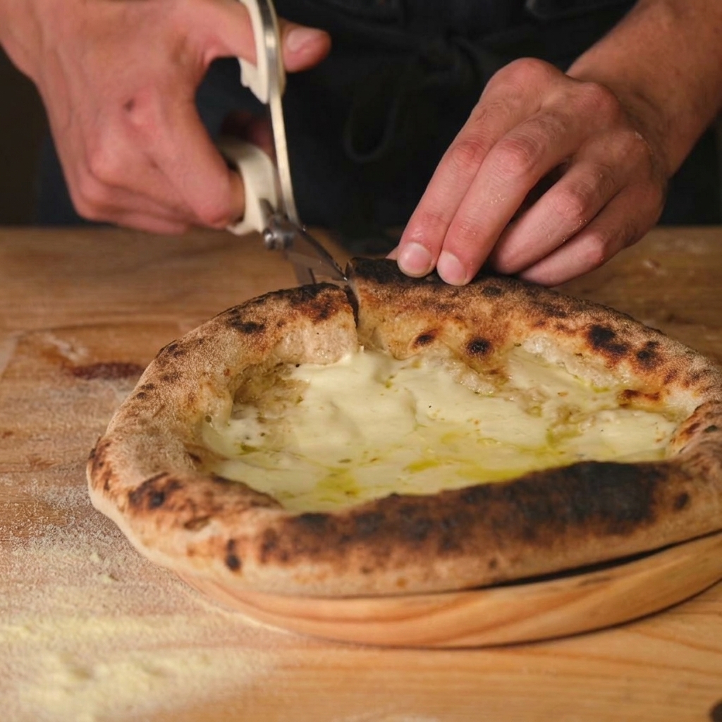 Manos cortando con unas tijeras de cocina una pizza recién horneada con mozzarella fundida y burbujeante.