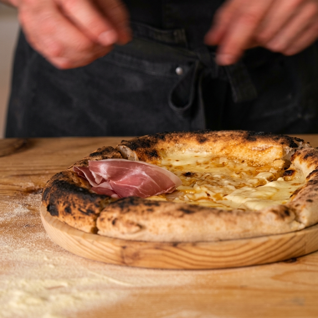 Manos colocando delicadamente una fina loncha de jamón de Parma sobre una pizza horneada con queso fundido.