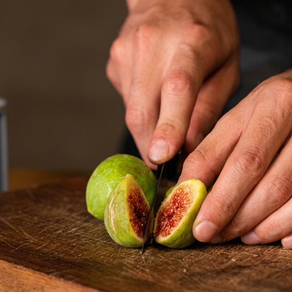 Manos utilizando un cuchillo para cortar un higo verde fresco en cuartos sobre una tabla de madera.