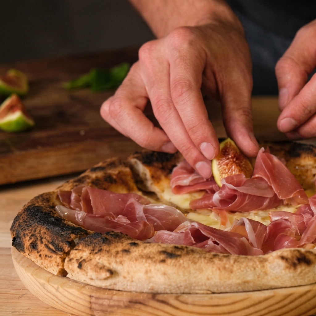 Manos colocando con cuidado un gajo de higo fresco sobre una pizza horneada con prosciutto.