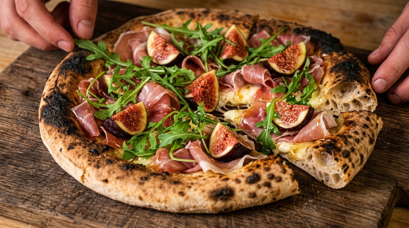 Pizza recién horneada cubierta con mozzarella de búfala fundida, sabroso jamón de Parma, higos dulces, rúcula y un toque de miel.