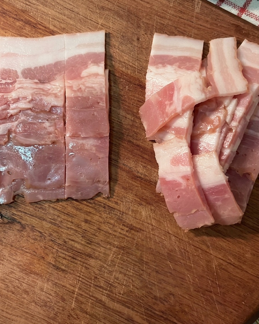 Tiras de tocino crudo sobre una tabla de cortar de madera.