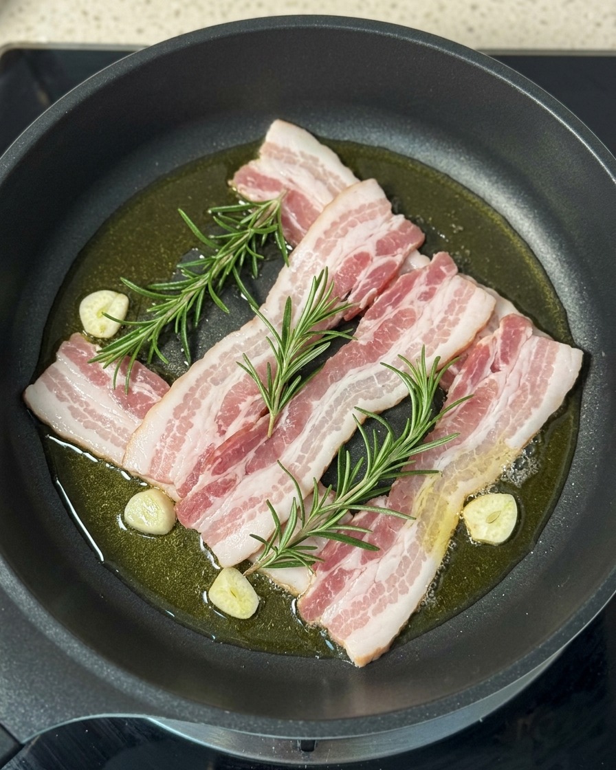 Tiras de tocino crudo en una sartén con aceite, ramas de romero y dientes de ajo.